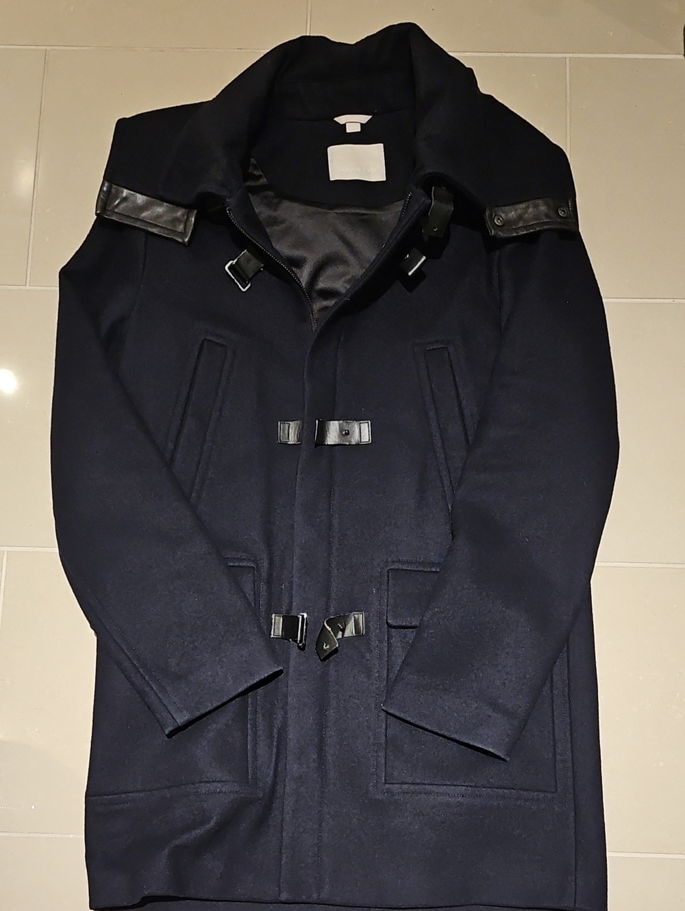 Soia & Kyo Navy Wool Toggle Pea Coat with Leather Trim